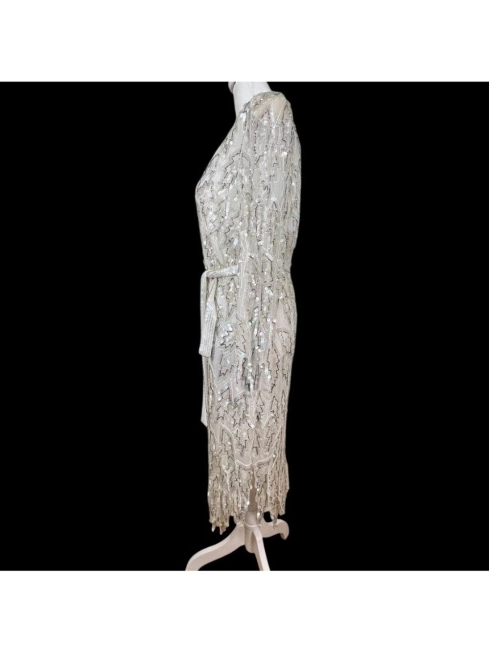 Vintage 80s Silk Sequin Beaded LWD Cocktail Bridal Wedding MOB Midi Dress M - Picture 6 of 16